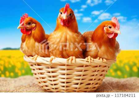 Portrait of chickens in a basket, on a green grass meadow or field, bright sunny day, on a ranch in the village, rural surroundings on the background of spring nature 117104211