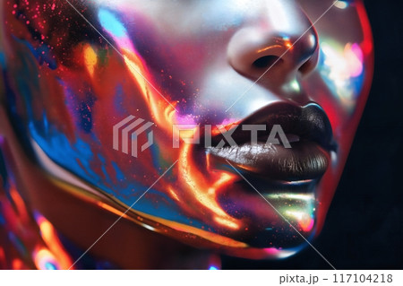 portrait of a woman with decorative and artistic makeup on her face with glow and gloss 117104218