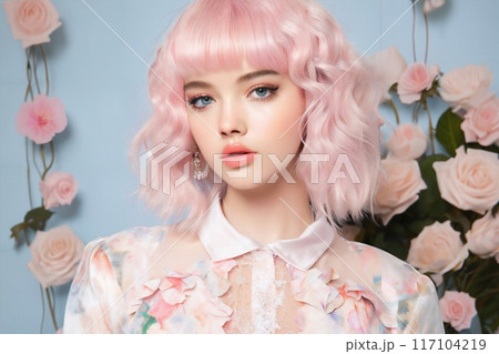 Portrait of a fashionable girl with pink hair and flowers decoration on a color background 117104219