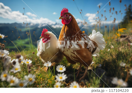 Portrait of chickens on a green grass meadow in mountains, bright sunny day, on a ranch in the village, rural surroundings on the background of spring nature 117104220