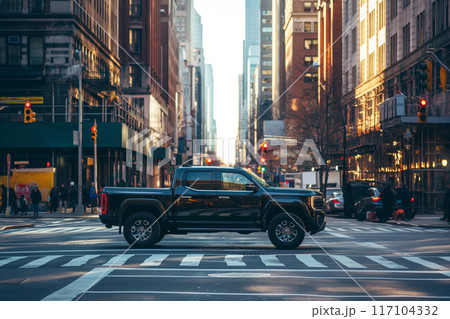 A black pickup truck paused at a bustling city crosswalk, framed by skyscrapers 117104332