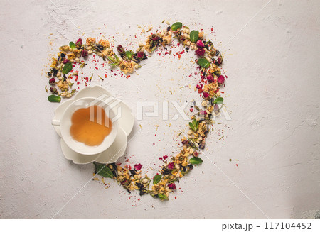 tea set, heart-shaped, with a cup, top view, on a white background, rosebuds, jasmine, blue, chrysanthemum, mint leaves, tea set, heart-shaped, with a cup, top view, on a white background, rosebuds, jasmine, blue, chrysanthemum, mint leaves, 117104452
