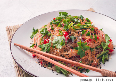 Funchosa, Korean salad, with vegetables, homemade, no people, 117104454