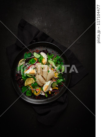 Salad of squid and vegetables, with egg, homemade, no people, Salad of squid and vegetables, with egg, homemade, no people, 117104477