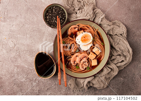 Asian soba soup, with mushrooms and egg, cheese, sesame seeds, homemade, no people, Asian soba soup, with mushrooms and egg, cheese, sesame seeds, homemade, no people, 117104502