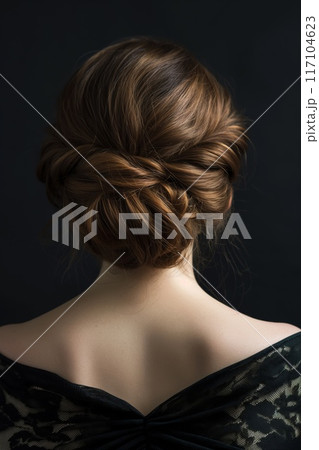 Photo showcasing a sophisticated chignon hairstyle on a woman against a dark background 117104623