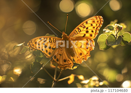 Silver-washed fritillary butterfly perches delicately amidst sunlit foliage 117104680