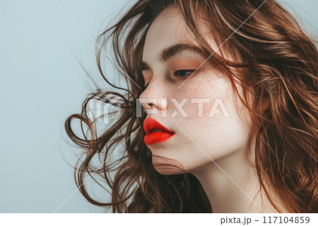 Close-up of a young woman with a stylish side-swept hairstyle and vibrant red lipstick 117104859