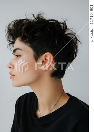 Profile of a woman sporting a stylish textured pixie cut on a neutral background 117104901