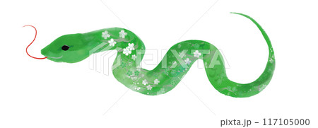 年賀状 デザイン　2025年 巳年 年賀状用　緑のへび手書き和風筆イラスト 117105000
