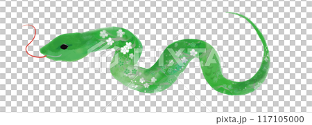 年賀状 デザイン　2025年 巳年 年賀状用　緑のへび手書き和風筆イラスト 117105000