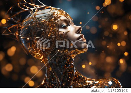 portrait of woman with abstract structure or grid around body, dark abstract background with lights, digital art, concept of biotechnology of future portrait of woman with abstract structure or grid around body, dark abstract background with lights, digital art, concept of biotechnology of future 117105168