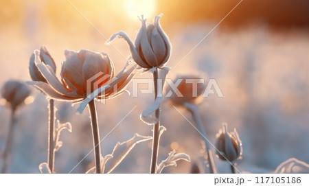 a beautiful winter landscape with frost on grass and branches, a snowy forest in background, sunlight and beautiful nature 117105186