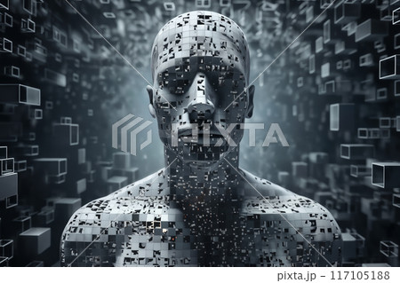 a robot with human body made of disintegrating squares and cubes, standing in front of a digital background with abstract particles in space, cybernetics, computer rendering a robot with human body made of disintegrating squares and cubes, standing in front of a digital background with abstract particles in space, cybernetics, computer rendering 117105188