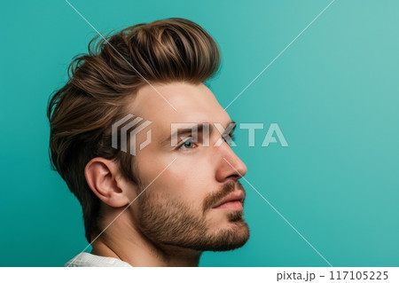 Close-up of a young man's trendy quiff hairstyle, side view against a vibrant teal backdrop 117105225