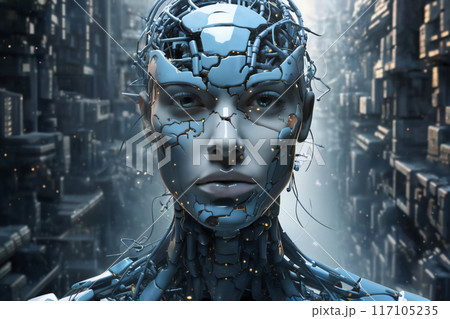 face of female android bio robot, close portrait, concept of cybernetics and biomechanics and robotics of future 117105235