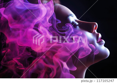 A girl's face surrounded by abstract shapes of pink smoke on a dark background 117105247