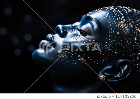 portrait of a woman with decorative art makeup and decoration on her face 117105250