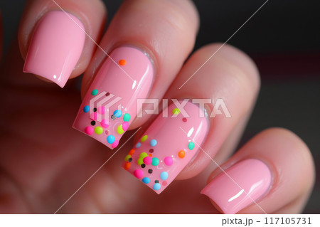 Close-up of bubblegum pink nails featuring colorful sprinkle accents, showcasing a playful and trendy nail art design 117105731