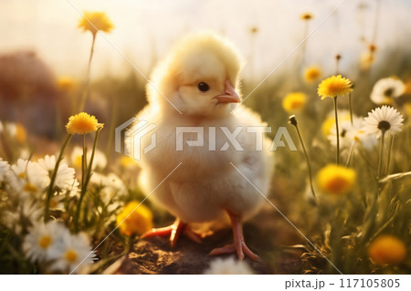 Portrait of a chicken on a green grass meadow with flowers, bright sunny day, on a ranch in the village, rural surroundings against the background of spring nature 117105805