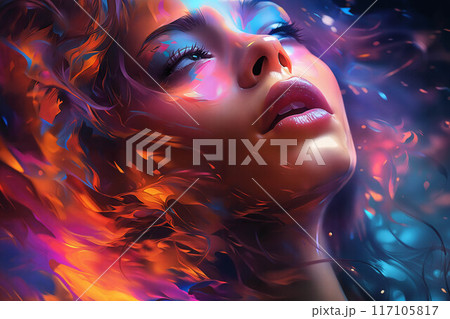 A girl's face surrounded by abstract shapes and colorful smoke on a dark background with lights A girl's face surrounded by abstract shapes and colorful smoke on a dark background with lights 117105817