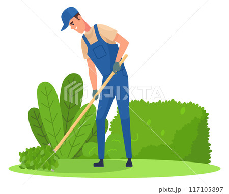 Man working in garden. Soil raking. Farm worker 117105897