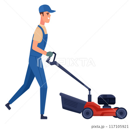 Gardener trim lawn with lawnmover. Yard maintenance worker 117105921