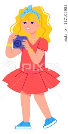 Cute girl with photo camera. Female kid shooting pictures 117105985