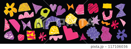 Collage torn paper set, hand drawn colorful cut note vector piece, pencil squiggle, flower, heart.  117106036
