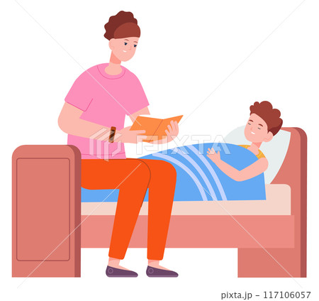 Mother reading bedtime story. Son laying in bed 117106057