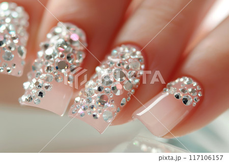 Exquisite and luxurious crystal-embellished nails with sparkling rhinestones. A glamorous and elegant manicure art design. Showcasing the intricate beauty and attention to detail 117106157