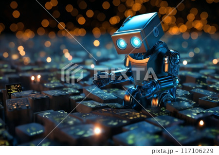 digital computer robot android in a space of holographic elements and lights, abstract background, cyber future, digital art concept 117106229