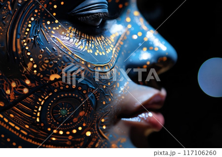 portrait of a woman with decorative art makeup on her face 117106260