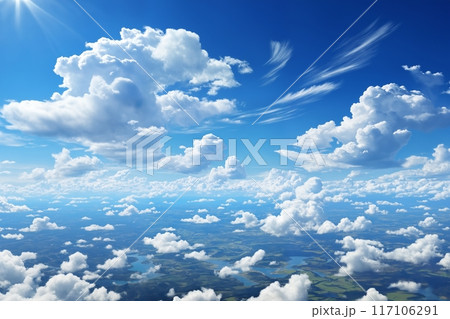 aerial view of beautiful landscape with blue sky, white cumulus clouds and plain with fields and trees for abstract background 117106291