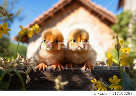 Small chickens against the background of spring nature on Easter, in a bright sunny day at a ranch in a village. 117106292
