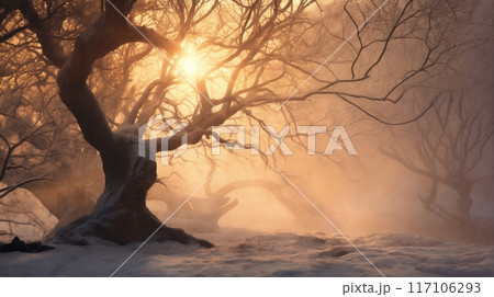 beautiful winter landscape, old trees with snow covered branches, a forest in a morning haze, beautiful nature 117106293
