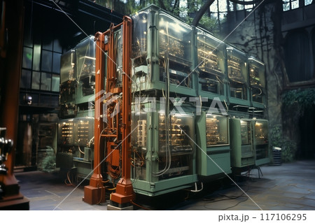retro analog device for industry and scientific research and measurements, in interior of laboratory, concept of retro futurism lamp electronics 117106295