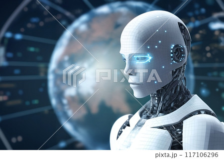 android robot works with computer and data against background of abstract digital space with holographic elements and lights, cyber future 117106296