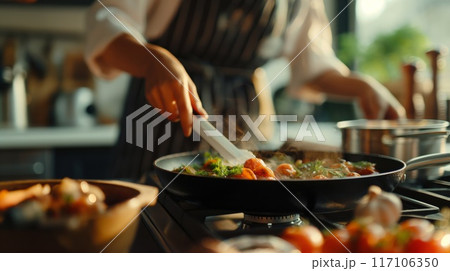Focused chef garnishes a savory dish with herbs in a sunlit professional kitchen, capturing the art of cooking 117106350