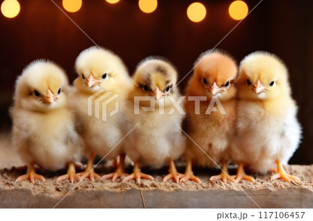 Portrait of small baby chickens on a woods, on a ranch in the village, dark background 117106457