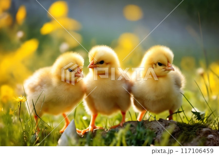 Portrait of small baby chickens on a green grass meadow, bright sunny day, on a ranch in the village, rural surroundings on the background of spring nature 117106459