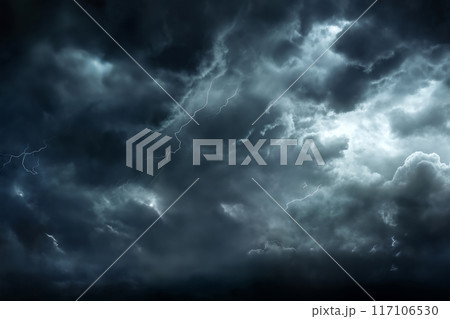 dark dramatic stormy sky with lightning and cumulus clouds aerial view for abstract background 117106530