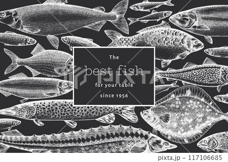 Vintage Style Fish Chalk Board Illustration. Vector Hand Drawn Seafood. High Quality Old Fashion Image 117106685
