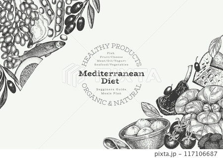 Mediterranean Cuisine Design Template. Vector Hand Drawn Healthy Food Banner. Vintage Style Menu Illustration. Mediterranean Cuisine Design Template. Vector Hand Drawn Healthy Food Banner. Vintage Style Menu Illustration. 117106687