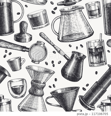 Alternative Coffee Makers Seamless Pattern. Vector Hand Drawn Specialty Coffee Equipment Background. Vintage Style Coffee Bar Design Alternative Coffee Makers Seamless Pattern. Vector Hand Drawn Specialty Coffee Equipment Background. Vintage Style Coffee Bar Design 117106705