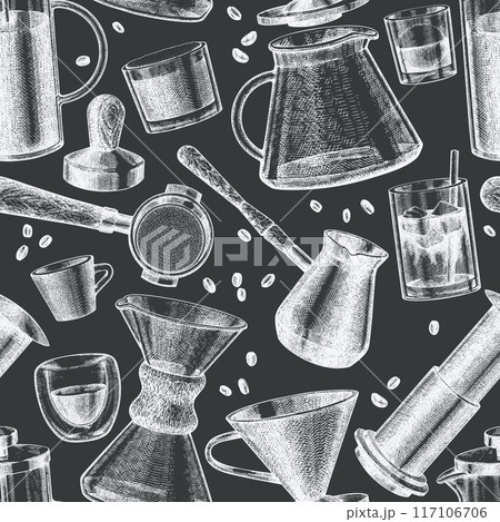 Alternative Coffee Makers Seamless Pattern. Vector Hand Drawn Specialty Coffee Equipment Background. Vintage Style Coffee Bar Chalk Board Illustration 117106706