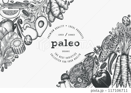 Paleo Diet Design Template. Vector Hand Drawn Healthy Food Banner. Vintage Style Menu Illustration. 117106711