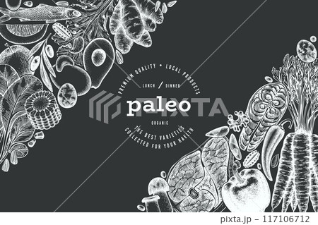 Paleo Diet Chalk Board Design Template. Vector Hand Drawn Healthy Food Banner. Vintage Style Menu Illustration. 117106712