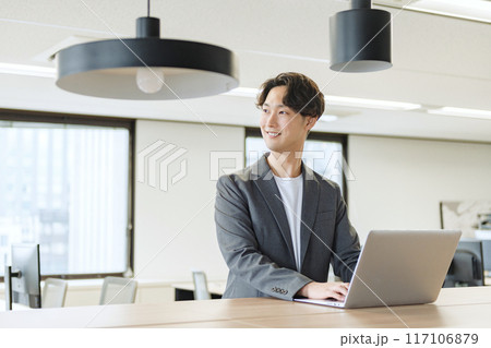 日本人男性のビジネスマン(同僚と会話) 日本人男性のビジネスマン(同僚と会話) 117106879