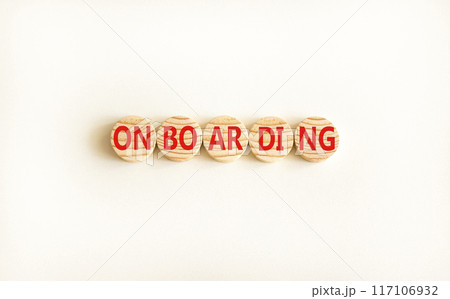 Onboarding success symbol. Concept word Onboarding on wooden circles. Beautiful white background. Business onboarding success concept. Copy space. 117106932